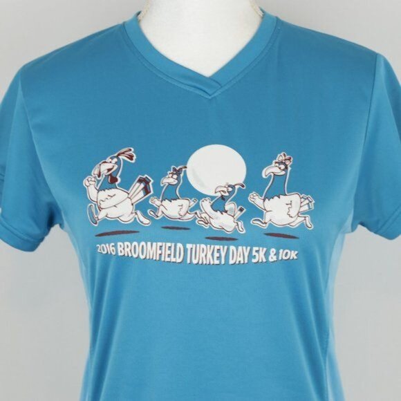 Broomfield Turkey Day 5K/10K Women's Small Blue Graphic V-Neck Short Sleeve Tee - Picture 2 of 7